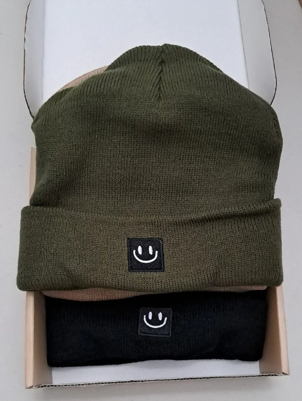Toddler Smiley Patch Beanie 3 Pack - Tan, Black & Olive